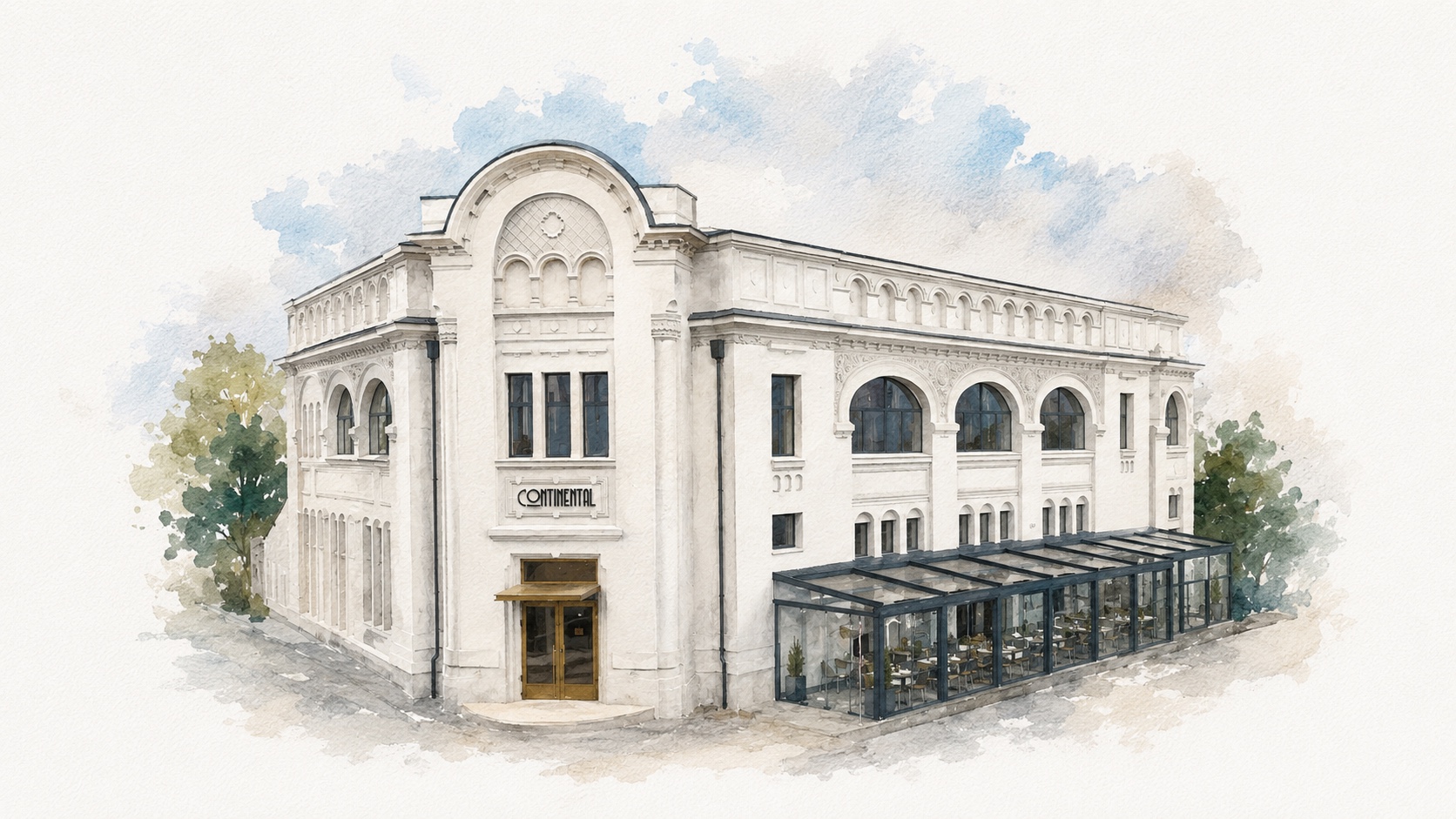 Ilustrație acuarelă a restaurantului Continental